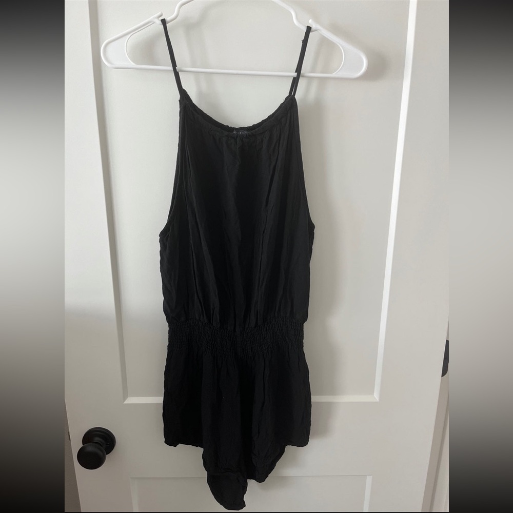 Brandy Melville Black Smocked Waist High Neck Spaghetti Strap Romper One Size